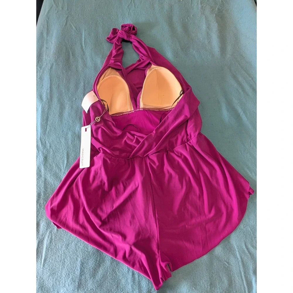MagicSuit Bianca Romper Swimsuit Size 16 Women's 1 PC Halter Hibiscus Pink NEW